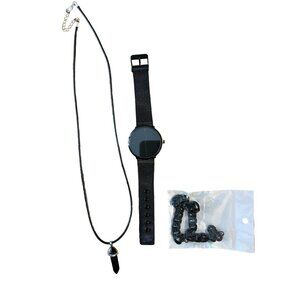 Black Onyx Necklace, Chain Bracelet & Black Leather Watch Set With Adjustable Ba